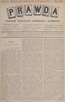 Prawda : tygodnik polityczny, społeczny i literacki. 1892, nr 1