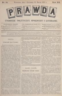 Prawda : tygodnik polityczny, społeczny i literacki. 1892, nr 14
