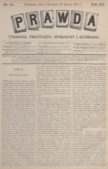 Prawda : tygodnik polityczny, społeczny i literacki. 1892, nr 15