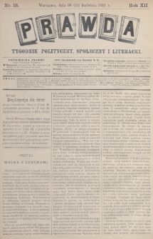 Prawda : tygodnik polityczny, społeczny i literacki. 1892, nr 18