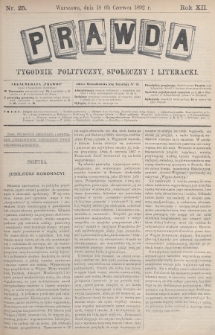 Prawda : tygodnik polityczny, społeczny i literacki. 1892, nr 25