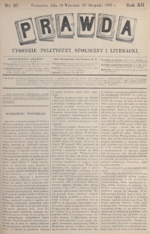 Prawda : tygodnik polityczny, społeczny i literacki. 1892, nr 37