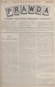 Prawda : tygodnik polityczny, społeczny i literacki. 1892, nr 43