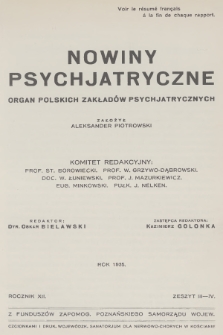 Nowiny Psychjatryczne : organ polskich zakładów psychjatrycznych. R.12, 1935, [Zeszyt 3/4]