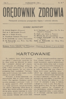Orędownik Zdrowia : miesięcznik poświęcony propagandzie higjeny i ochronie zdrowia. R. 5, 1930, nr 10