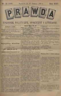Prawda : tygodnik polityczny, społeczny i literacki. 1905, nr 33