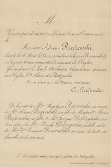 Vous êtes prié d'assister aux Convoi, Service et Enterrement de Monsieur Adam Rzążewski, décédé le 11 Août 1885, en son domicile, rue Boursault, 37, [...]