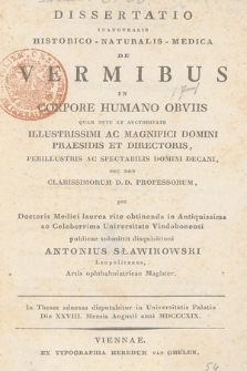 Dissertatio inauguralis historico-naturalis-medica : de vermibus in corpore humano obviis