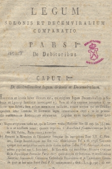 Legum Solonis et Decemviralium comparatio. Ps. 1, De Debitoribus