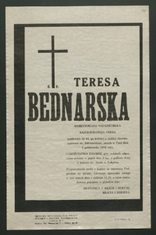 Teresa Bednarska emerytowana nauczycielka […] zasnęła w Panu dnia 2 października 1976 roku […]