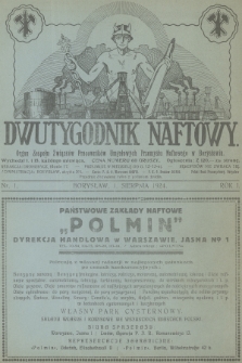Dwutygodnik Naftowy : organ Zespołu Związków Pracowników Umysłowych Przemysłu Naftowego w Borysławiu. R.1, 1924, nr 1