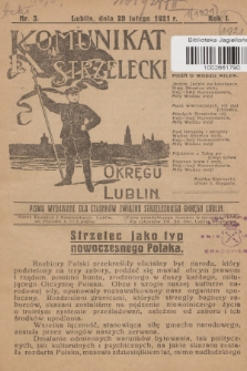 Komunikat Strzelecki Okręgu Lublin : pismo wydawane dla członków Związku Strzeleckiego Okręgu Lublin. R.1, 1921, nr 3