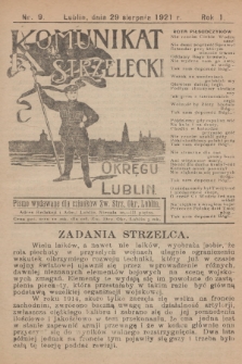 Komunikat Strzelecki Okręgu Lublin : pismo wydawane dla członków Zw. Strz. Okr. Lublin. R.1, 1921, nr 9