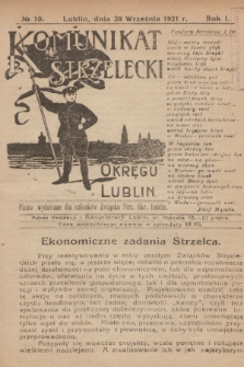 Komunikat Strzelecki Okręgu Lublin : pismo wydawane dla członków Związku Strz. Okr. Lublin. R.1, 1921, nr 10