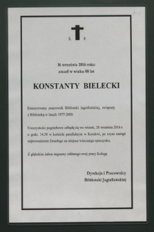 16 września 2016 roku zmarł w wieku 88 lat Konstanty Bielecki emerytowany pracownik Biblioteki Jagiellońskiej [...]
