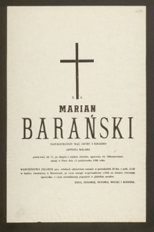 Ś.p. Marian Barański [...] artysta malarz [...] zasnął w Panu dnia 13 października 1986 roku [...]