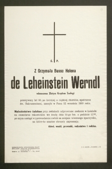 Ś.p. Z Grzymała Busse Helena de Leheinstein Werndl [...] zasnęła w Panu 12 września 1960 roku [...]