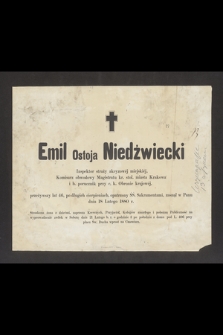 Emil Ostoja Niedźwiecki inspektor straży akcyzowej miejskiej [...] zasnął w Panu dnia 18 lutego 1880 r.