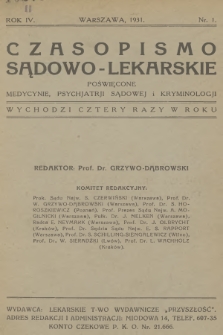 Czasopismo Sądowo-Lekarskie : poświęcone medycynie, psychjatrji sądowej i kryminologji. R.4, 1931, nr 1