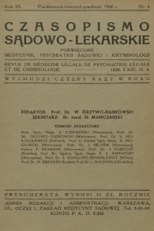 Czasopismo Sądowo-Lekarskie : poświęcone medycynie, psychjatrji sądowej i kryminologji. R.9, 1936, nr 4