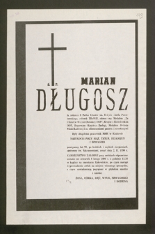 Ś.p. Marian Długosz b. żołnierz 8 Pułku Ułanów im. Księcia Józefa Poniatowskiego, członek ZBoWiD [...] zmarł dnia 2.II 1990 r. [...]
