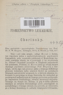 Pismiennictwo lekarskie : Chorinsky : Eine gerichtlich-psychologische Untersuchung von Prof. Dr. F. W. Hagen, Erlangen, 1872, E. Besold, p. VIII, 217