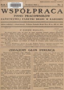 Współpraca : pismo pracowników Państwowej Fabryki Broni w Radomiu. 1930, nr 1