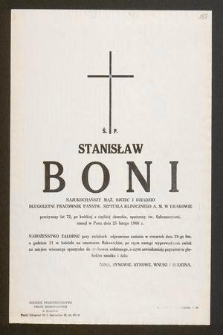 Ś. P. Stanisław Boni [...] zasnął w Panu dnia 25 lutego 1968 r. [...]