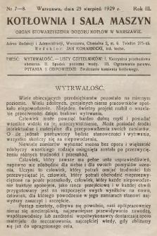 Kotłownia i Sala Maszyn : organ Stowarzyszenia Dozoru Kotłów w Warszawie. R.3, 1929, nr 7-8
