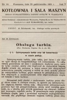 KKotłownia i Sala Maszyn : organ Stowarzyszenia Dozoru Kotłów w Warszawie. R.5, 1931, nr 10