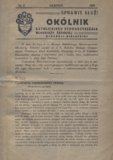 Sprawie Służ! : okólnik Katolickiego Stowarzyszenia Młodzieży Żeńskiej Diecezji Kieleckiej. 1939, nr 8