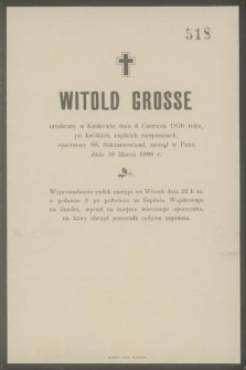 Witold Grosse urodzony w Krakowie dnia 6 Czerwca 1876 roku [...] zasnął w Panu dnia 19 Marca 1898 r. [...]