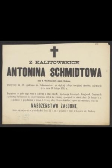 Antonina z Kalitowskich Schmidtowa żona II. Vice-Prezydenta miasta Krakowa, przeżywszy lat 39, [...], zakończyła życie dnia 18 lutego 1892 r.