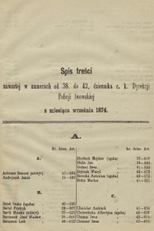 Dziennik Policyjny. 1874, Spis treści zawartej w numerach od 38 do 42 dziennika