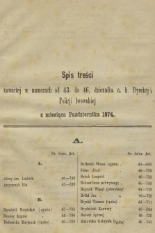 Dziennik Policyjny. 1874, Spis treści zawartej w numerach od 43 do 46 dziennika