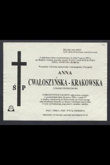 Z głębokim żalem zawiadamiamy, że dnia 9 marca 1994 r. po długiej i ciężkiej chorobie zmarła […] Ś. P. Anna Cwałoszyńska-Krakowska lekarz stomatolog […]