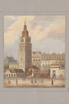[Widok Rynku w Krakowie (od ulicy Brackiej) z wieżą i dawnym ratuszem]