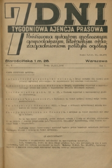 7 Dni : tygodniowa ajencja prasowa poświęcona sprawom społecznym, gospodarczym, literackim oraz zagadnieniom polityki ogólnej. R.1, 1936, nr 3
