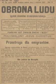Obrona Ludu : tygodnik Stronnictwa Chrześcijańsko-Ludowego. R.4, 1901, nr 22