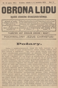Obrona Ludu : tygodnik Stronnictwa Chrześcijańsko-Ludowego. R.6, 1903, nr 14