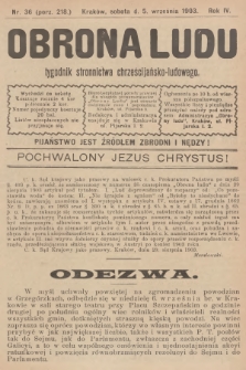 Obrona Ludu : tygodnik Stronnictwa Chrześcijańsko-Ludowego. R.6, 1903, nr 36