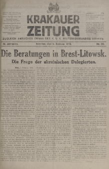 Krakauer Zeitung : zugleich amtliches organ K. u. K. Militär-Kommandos Krakau. 1918, nr 33