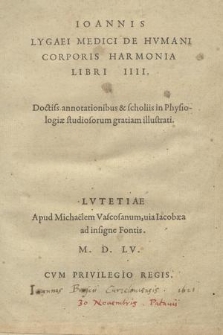 Ioannis Lygaei Medici De Hvmani Corporis Harmonia Libri IIII. : Doctis annotationibus & scholiis in Physiologiæ studiosorum gratiam illustrati