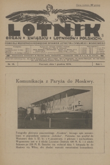 Lotnik : organ Związku Lotników Polskich : pismo dla wszystkich poświęcone sprawom lotnictwa cywilnego i wojskowego. R.1, 1924, nr 16