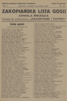 Zakopiańska Lista Gości i Chwila Bieżąca : dodatek do wydawnictwa „Zakopane i Tatry”. R.1, 1931, nr 19