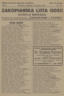 Zakopiańska Lista Gości i Chwila Bieżąca : dodatek do wydawnictwa „Zakopane i Tatry”. R.1, 1931, nr 26
