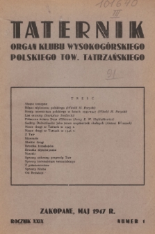 Taternik : organ Klubu Wysokogórskiego Polskiego Towarzystwa Tatrzańskiego. R.29, 1947, Spis rzeczy