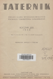 Taternik : organ Klubu Wysokogórskiego Polskiego Towarzystwa Tatrzańskiego. R.30, 1948, Spis rzeczy