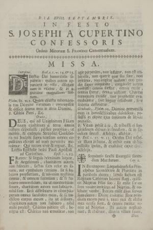 Die XVIII. Septembris In Festo S. Josephi A Cupertino Confessoris Ordinis Minorum S. Francisci Conventualium : Missa