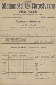 Wiadomości Statystyczne Miasta Poznania = Informations Statistiques de la Ville de Poznań. R.23, 1934, nr 4